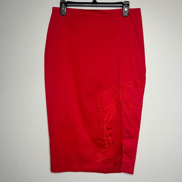 NWT Maeve Anthropologie Bow Midi Pencil Skirt Red Size 12 Side Slit Stretch - Picture 3 of 14